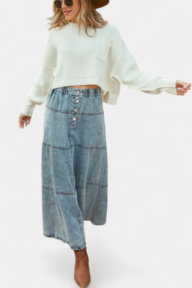 Lorraine Falda Maxi de Denim con Apliques de Pluma