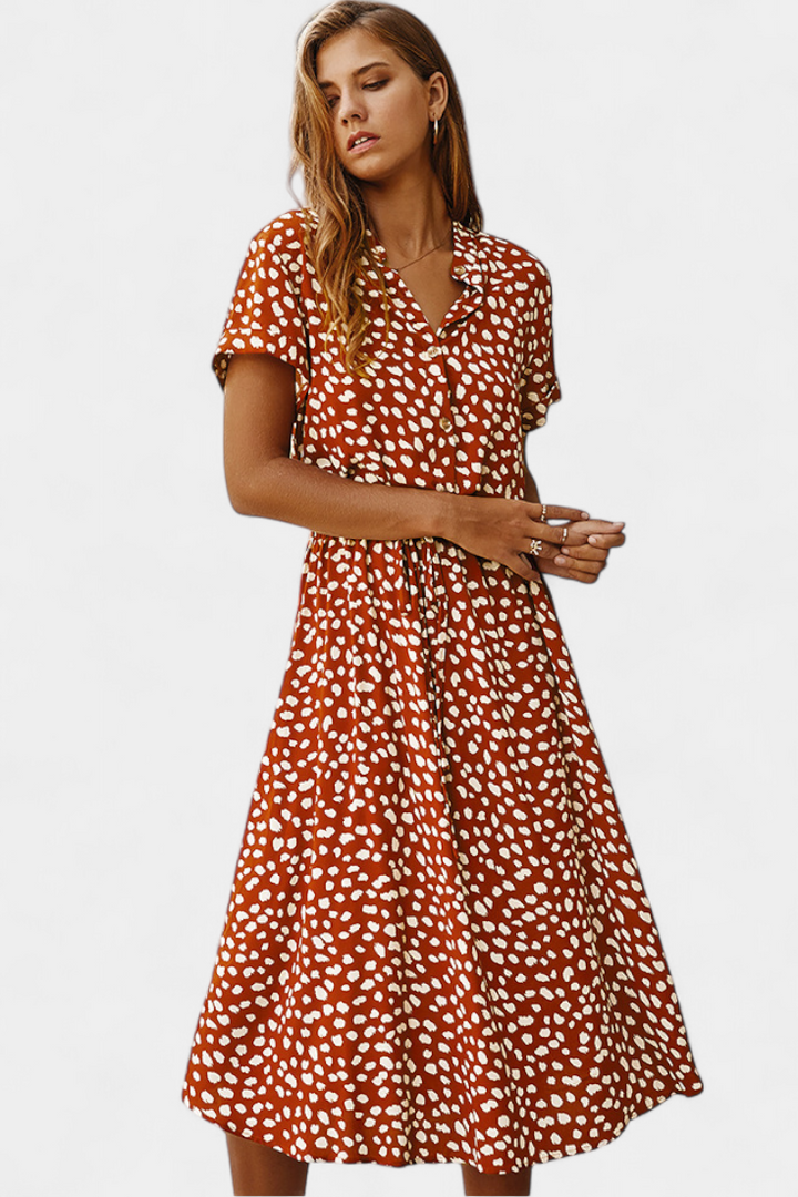 Vestido Midi de Lunares Rovena con Cuello Camisero y Cintura Ajustable