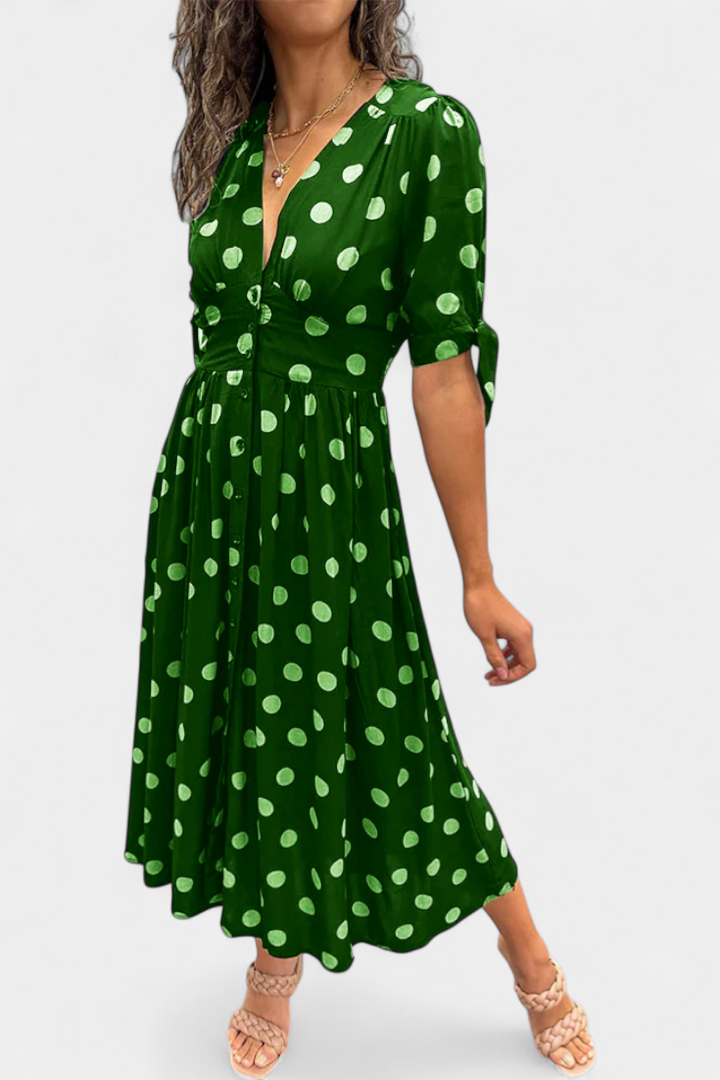 Lizzie Vestido Midi de Lunares con Escote en V Pronunciado