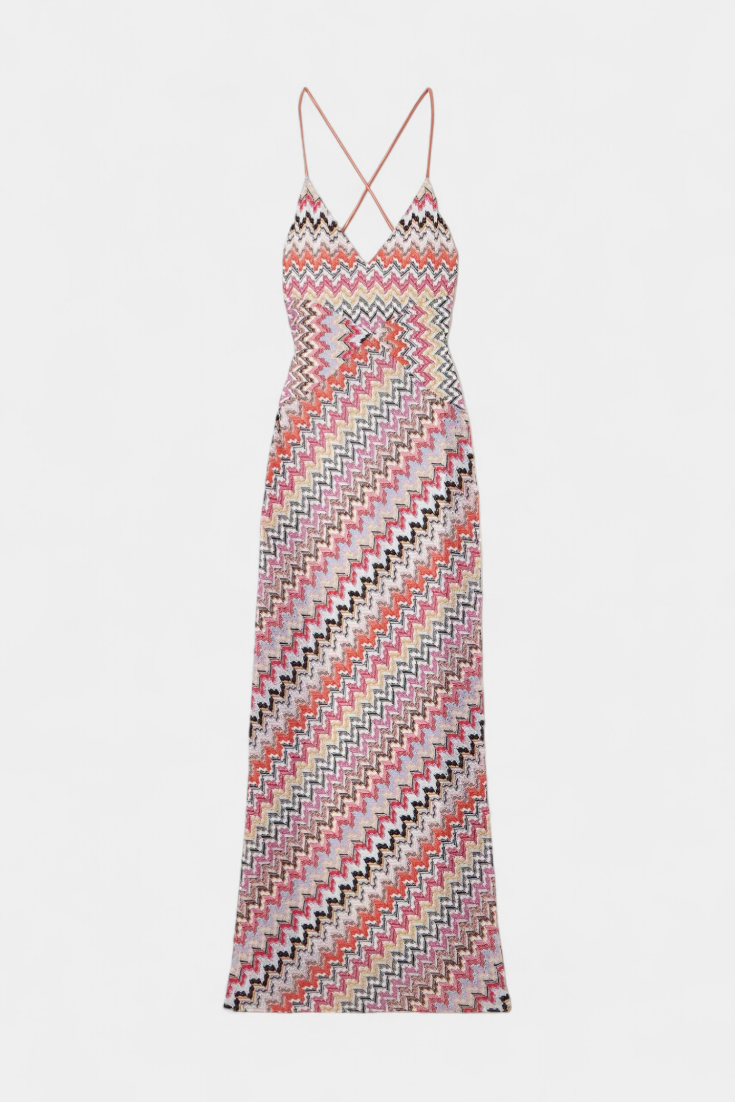 Vestido Largo de Punto Multicolor con Escote Profundo y Espalda Cruzada de Francia