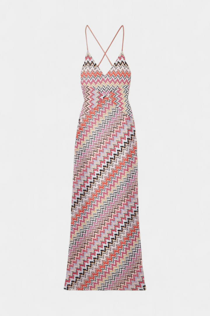Vestido Largo de Punto Multicolor con Escote Profundo y Espalda Cruzada de Francia