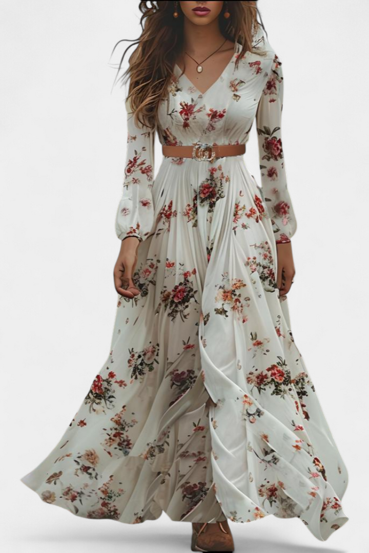 Amanda Maxi Vestido Floral con Cuello en V y Mangas Largas