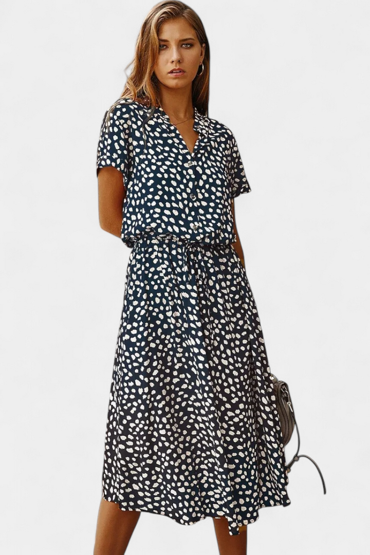 Vestido Midi de Lunares Rovena con Cuello Camisero y Cintura Ajustable