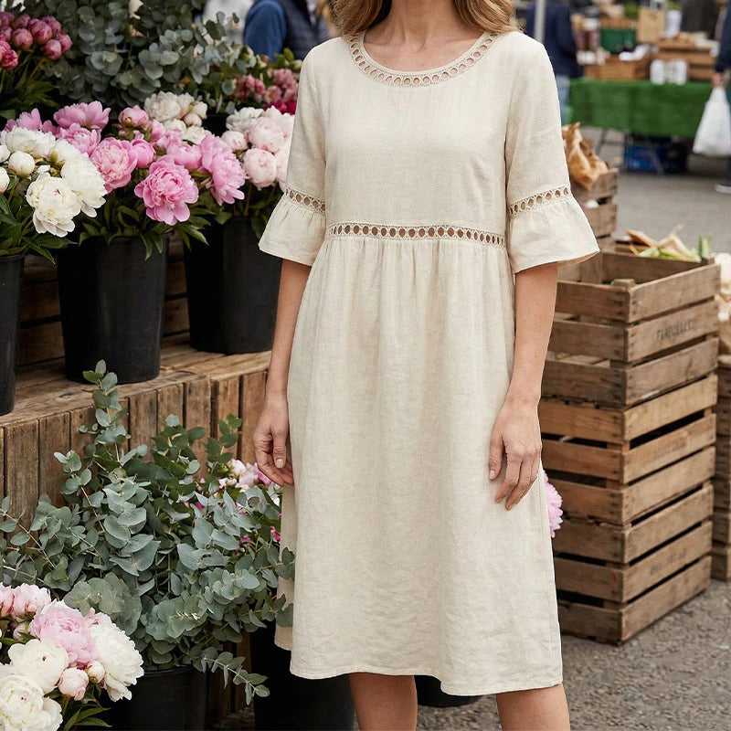 Carmela™ | Vestido Midi de Lino con Cuello Redondo y Mangas Acampanadas