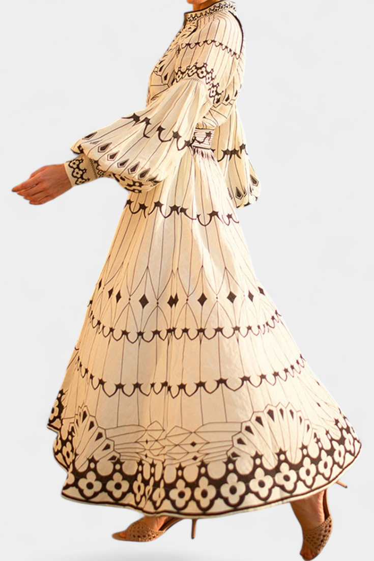 Soria Vestido Maxi con Botones y Bordado de Estilo Folk