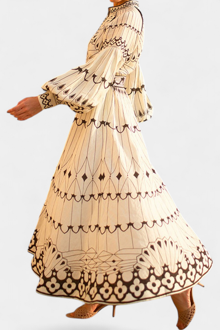 Soria Vestido Maxi con Botones y Bordado de Estilo Folk