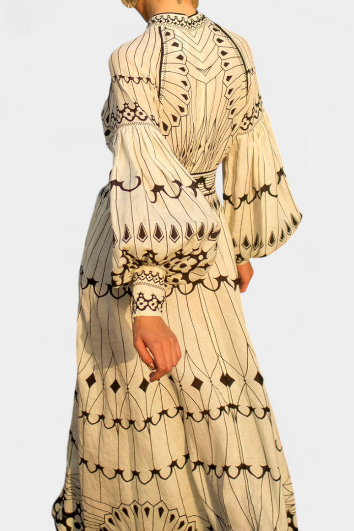 Soria Vestido Maxi con Botones y Bordado de Estilo Folk
