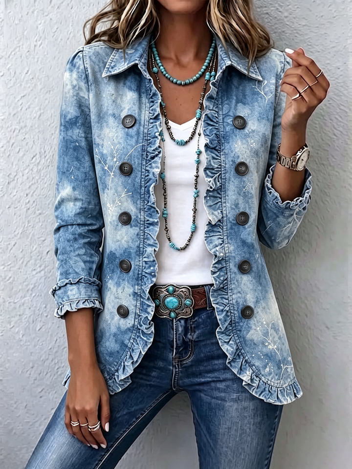 Jemison | Chaqueta Vintage de Estilo Boho con Estampado Botánico en Degradado y Detalles de Volantes