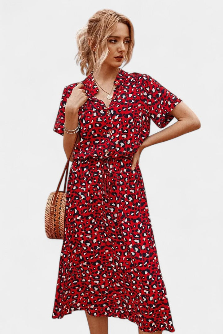 Vestido Midi de Lunares Rovena con Cuello Camisero y Cintura Ajustable