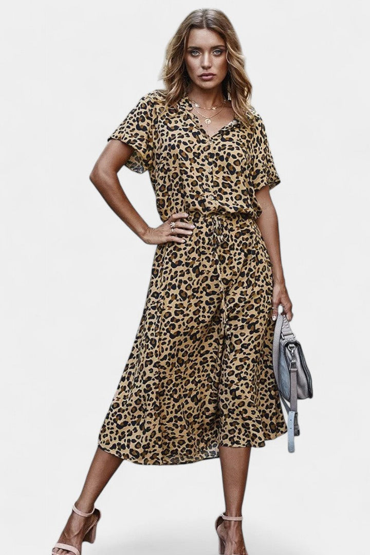 Vestido Midi de Lunares Rovena con Cuello Camisero y Cintura Ajustable